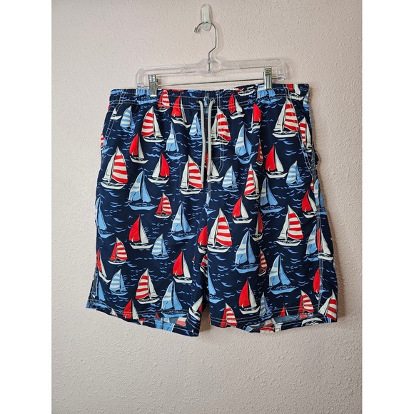 BEACH SHOP Other - Mens Sailboat Print Swim Trunks Navy Blue‎ Red White XL Nautical Shorts Beach